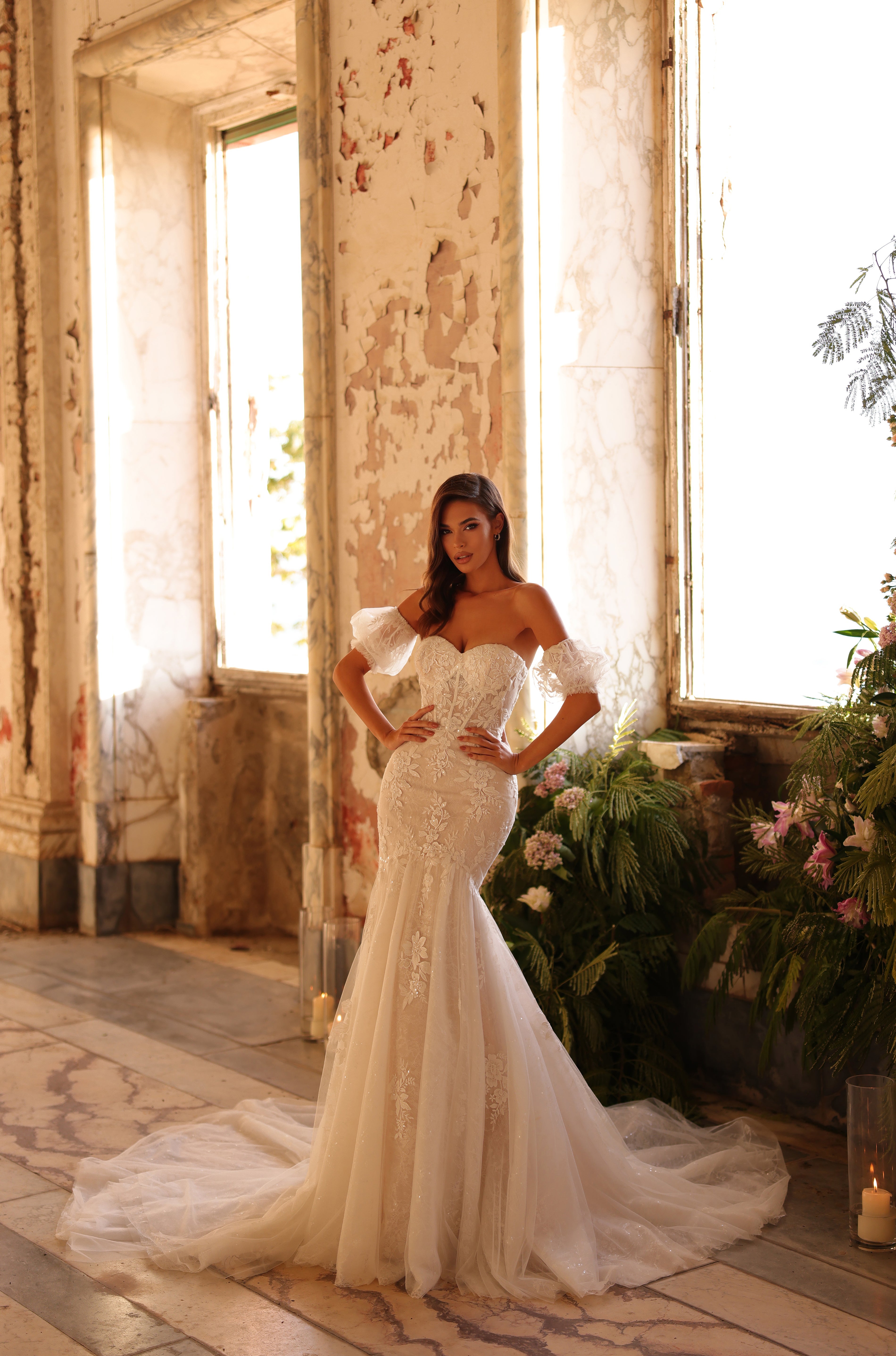 Wedding Dresses Lace Applique Long Mermaid Wedding Dress Amarra 89101 Ivory/Nude