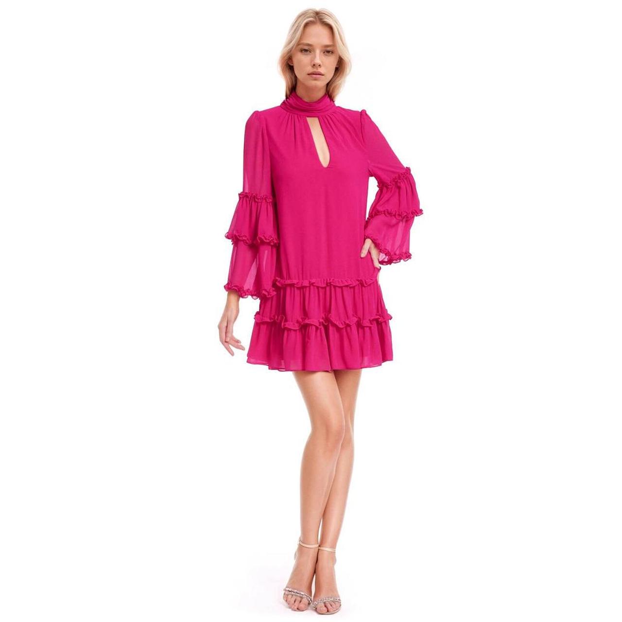 Pink High-Neck Mini Chiffon Cocktail Tiered Ruffle Dress Badgley Mischka J0193