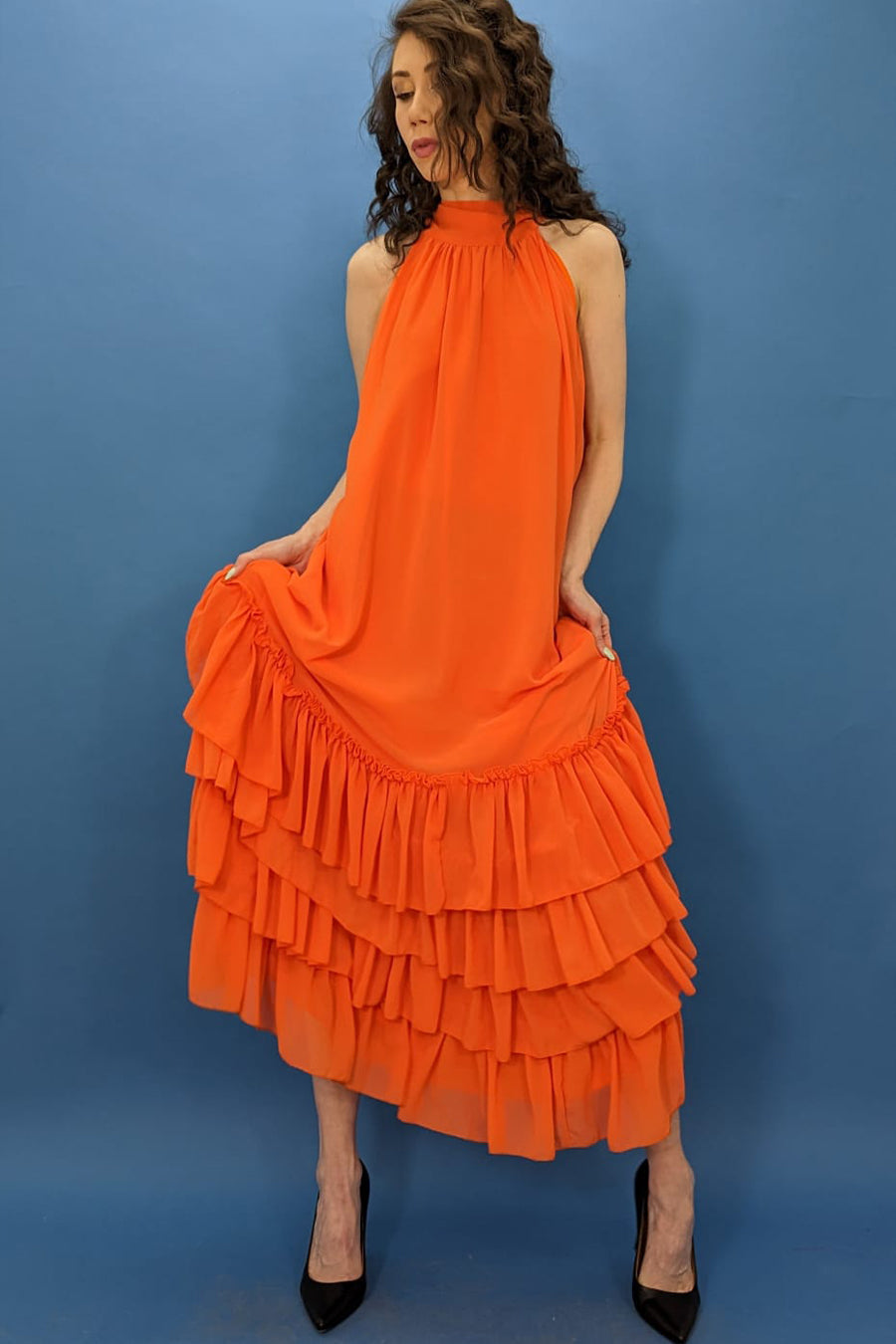Halter Layered Chiffon Long Dress