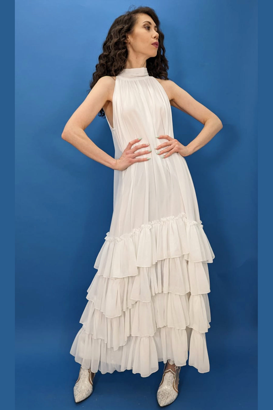 chiffon layered long dress Howaii Print Chiffon Formal Dress Ruffled Layers Prom Gown Criss-Cross Straps Prom Dress ARD3095