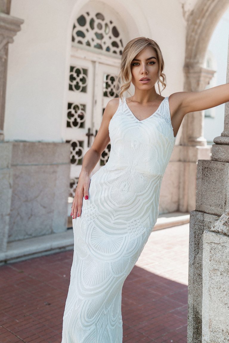 V-Neck Floor-Length Sequin Wedding Mermaid Gown Tina Holly TYP1732