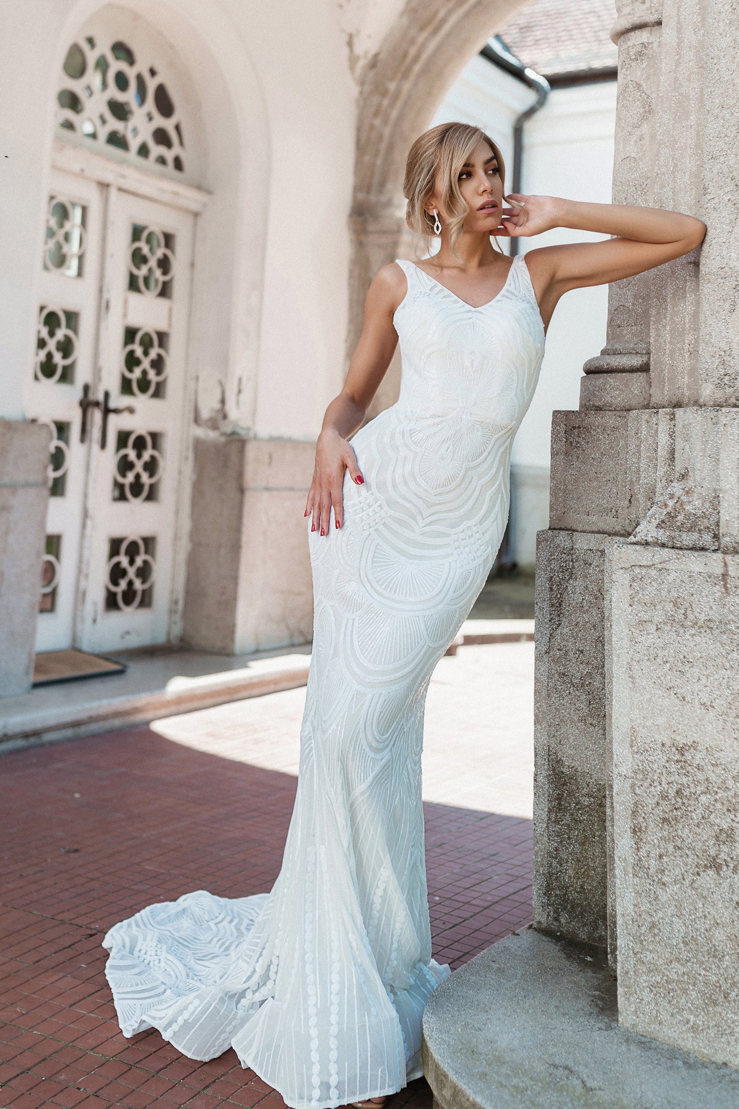 V-Neck Floor-Length Sequin Wedding Mermaid Gown Tina Holly TYP1732