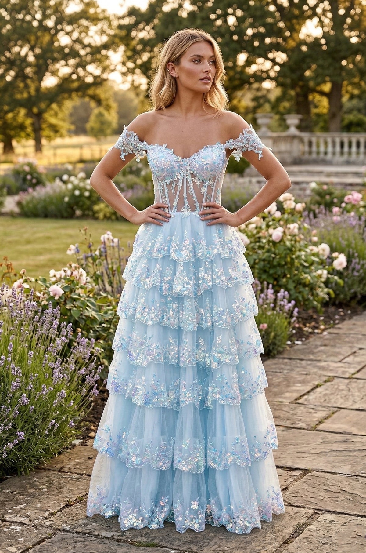 Long Corset Ruffled Off Shoulder Prom Dress Light Blue