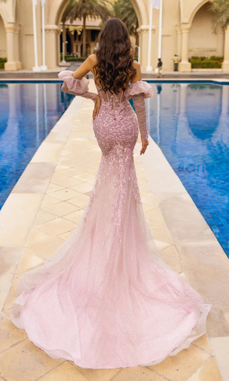 Prom Dresses Fitted Long Mermaid Glitter Lace Formal Prom Dress  Blush