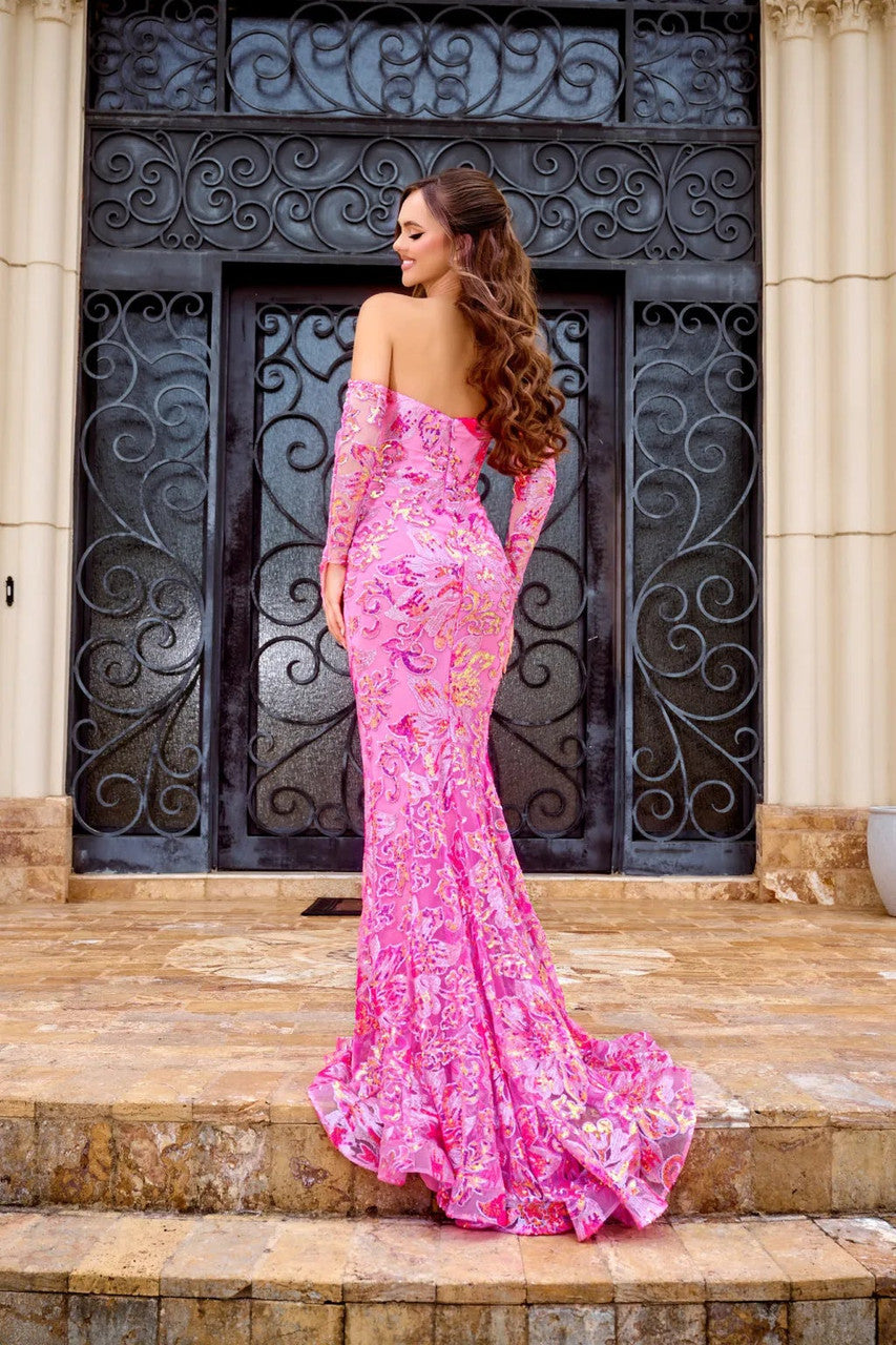Cocktail Dresses Fitted Long Slit Sequin Beaded Formal Prom Dress Pink/Multicolor
