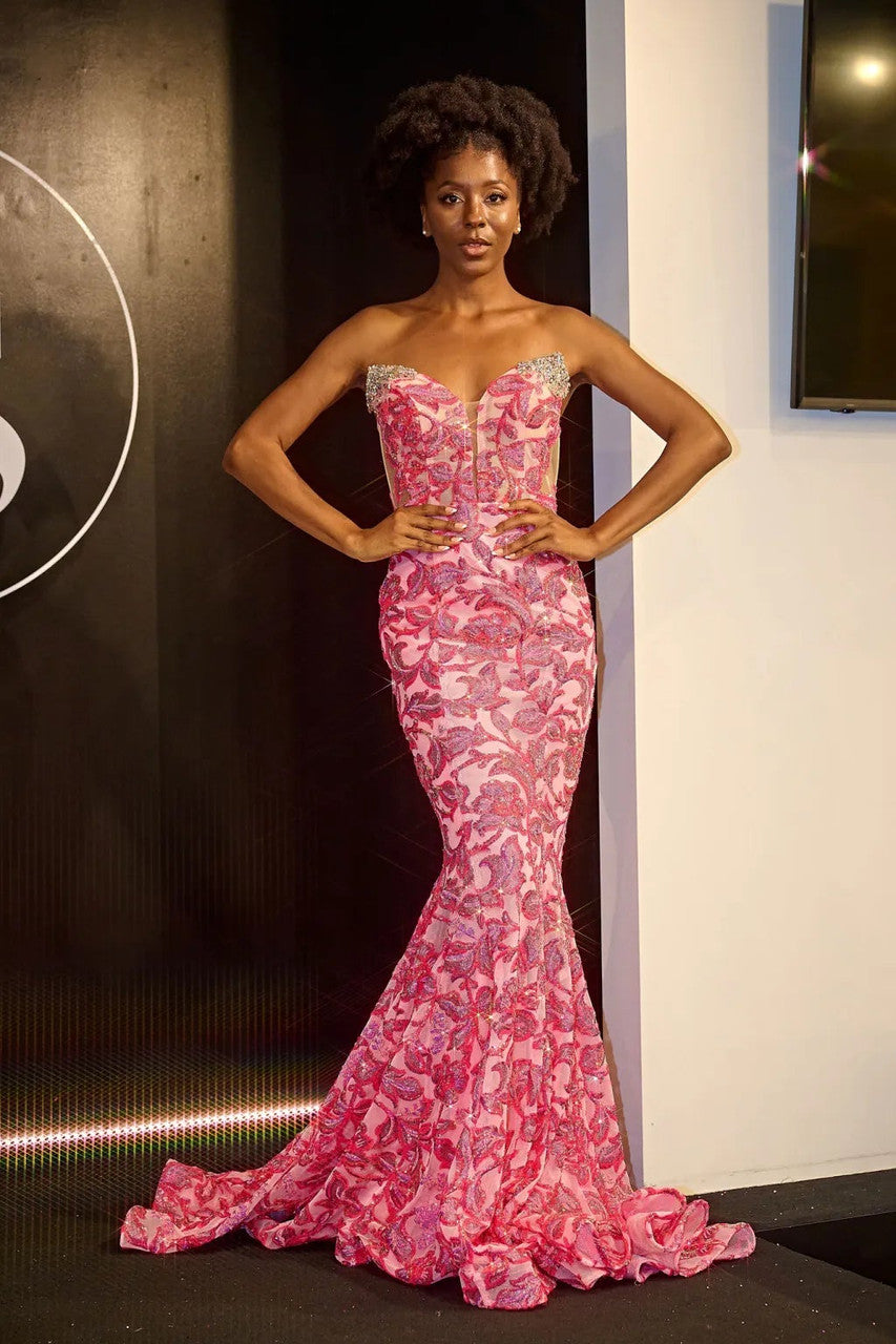Portia and Scarlett PS24338 - Long- Floral Beaded Prom Gown with V-Neck - PINK-MULTI / 4 Portia and Scarlett PS24338 - Long- Floral Beaded Prom Gown with V-Neck - PINK-MULTI / 4