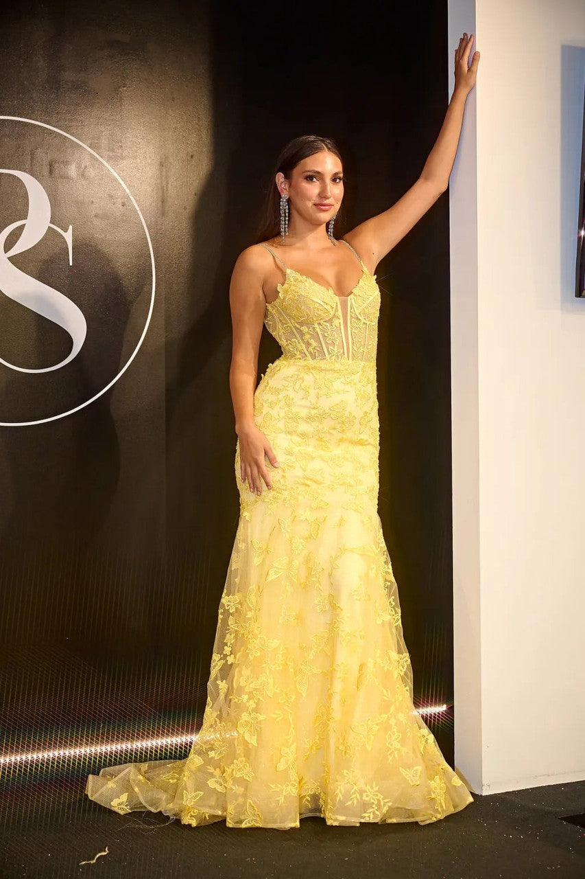Prom Dresses Long Formal Fitted Lace Applique Prom Dress Yellow