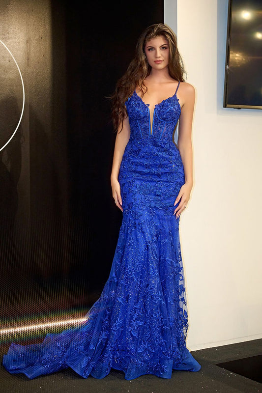 Prom Dresses Long Formal Fitted Lace Applique Prom Dress Royal