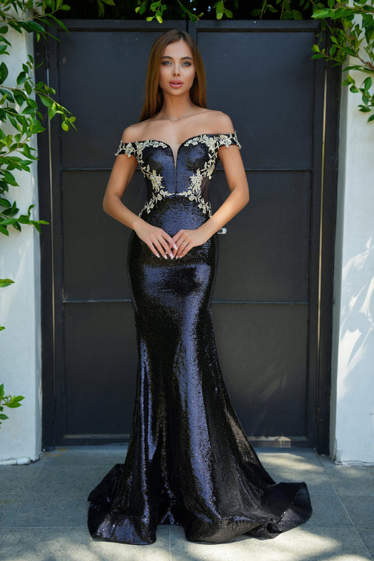 Prom Dresses Long Sequin Fitted Beaded Formal Prom Dress Black