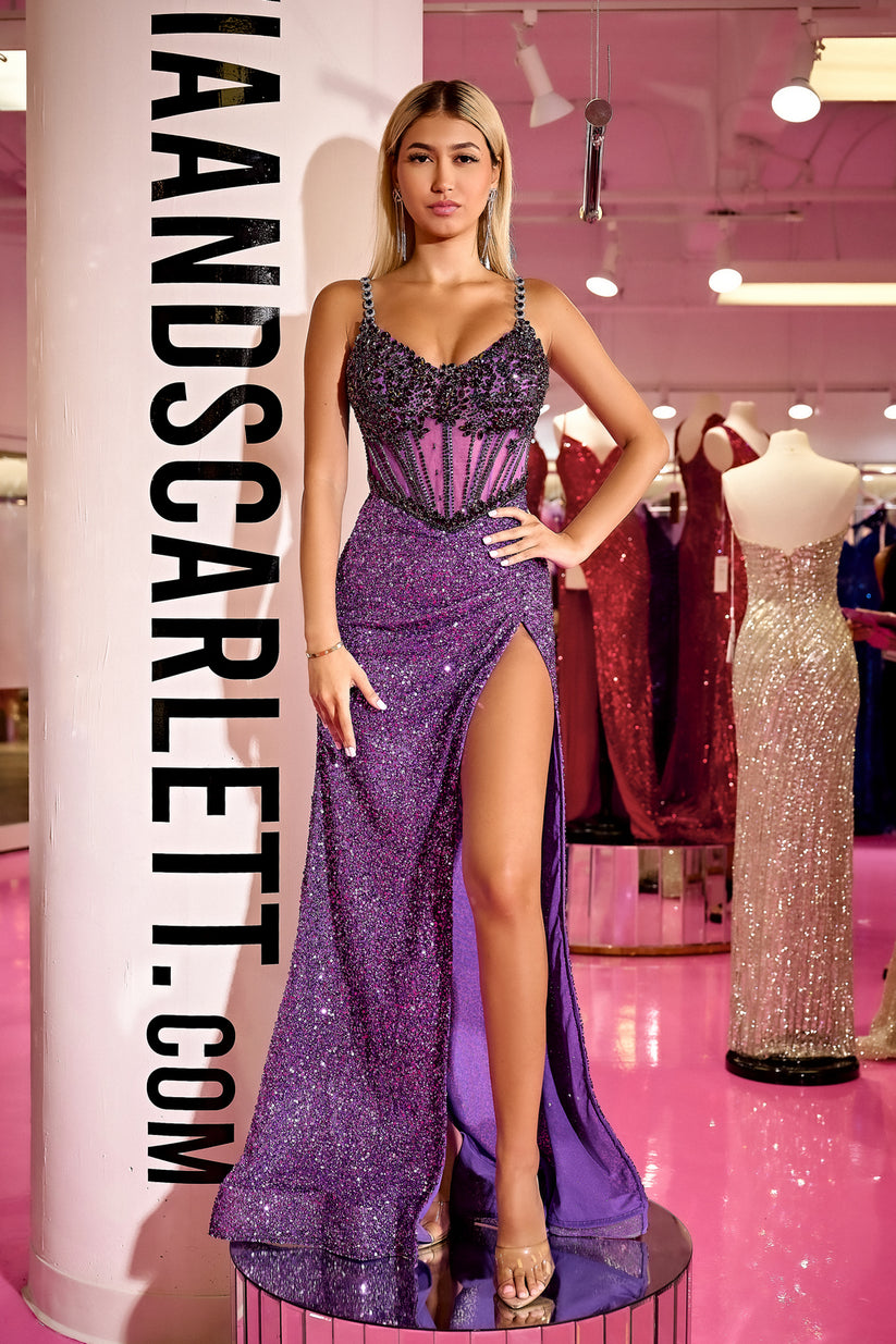 Purple Portia and Scarlett PS24872C Long Sequins Formal Prom Dress for $1259.0 – The Dress Outlet