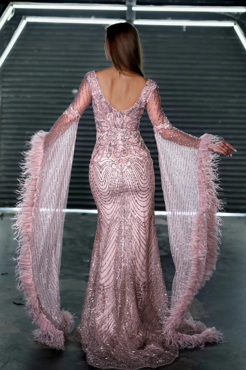 Prom Dresses Long Evening Sequin Beaded Formal Prom Dress Rose Gold