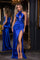 Prom Dresses Fitted Slit Long Formal Beaded Prom Dress Cobalt