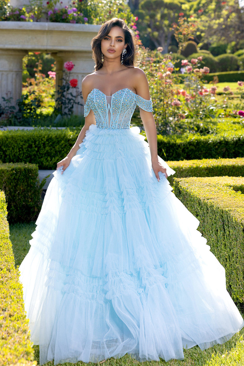 dramatic prom dresses Portia and Scarlett PS25303 Long Corset Ball Gown Beaded Prom Dress
