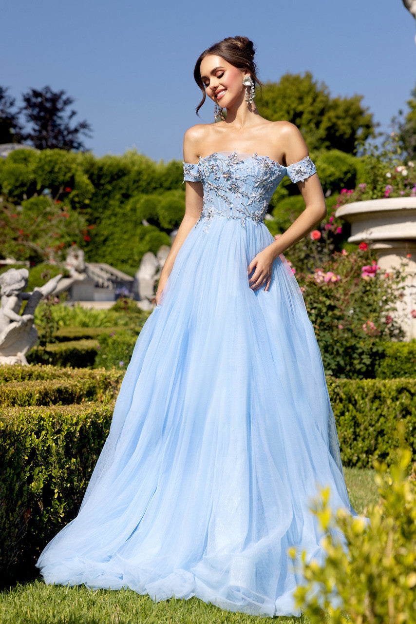Prom Dresses Beaded Applique Long Prom Dress Light Blue
