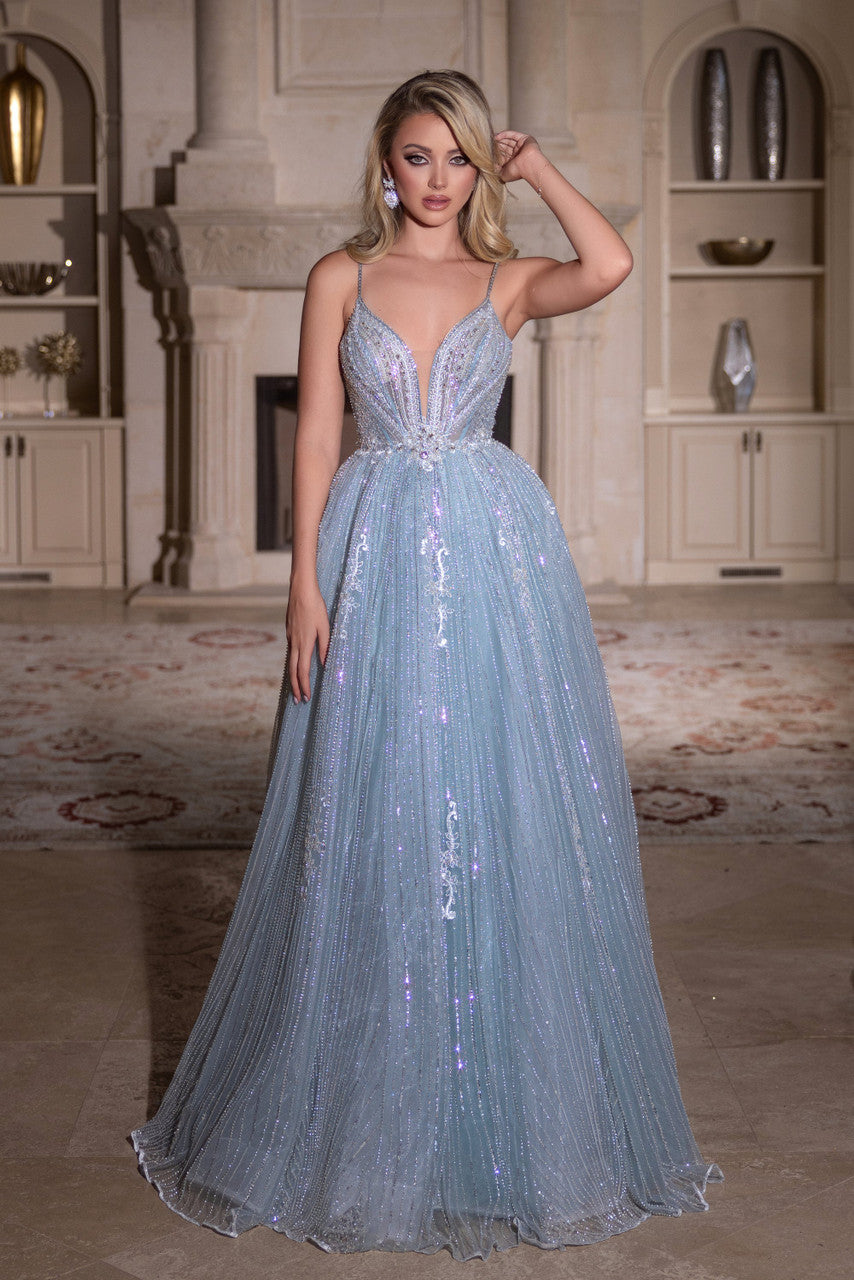 Prom Dresses Beaded Ball Gown Long Prom Dress Light Blue