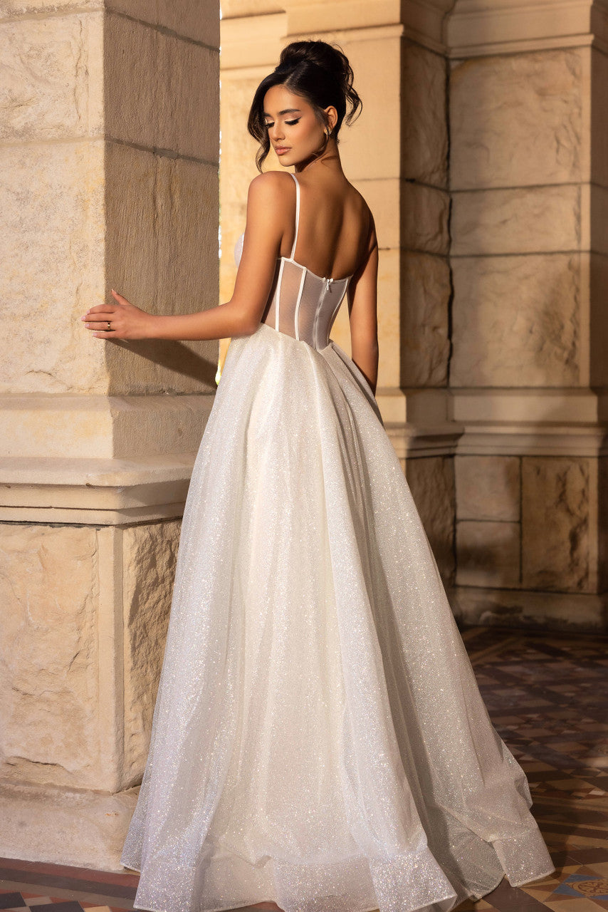 Prom Dresses Glitter Long Formal  A Line Slit Prom Dress Ivory