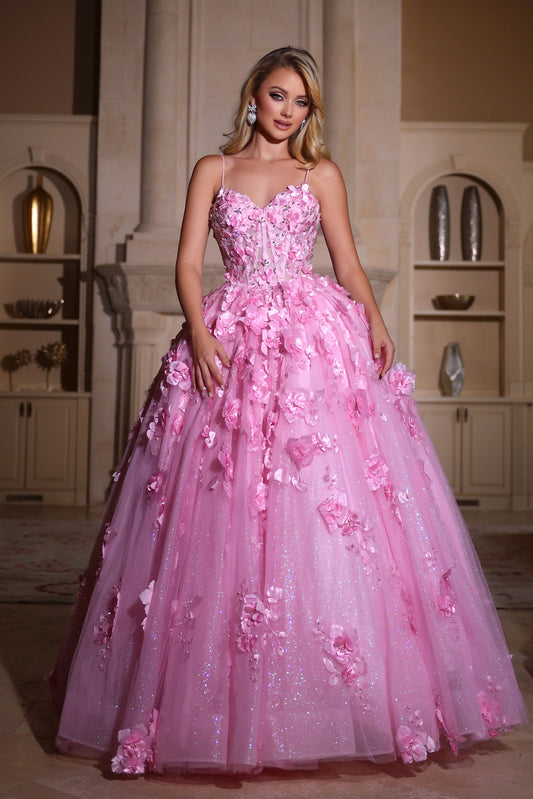 Prom Dresses Glitter Long Ball Gown Beaded Applique Prom Dress Pink