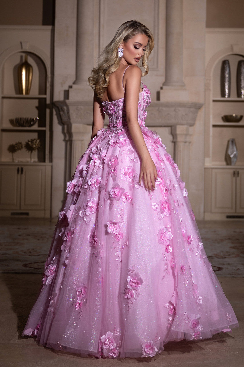Prom Dresses Glitter Long Ball Gown Beaded Applique Prom Dress Pink
