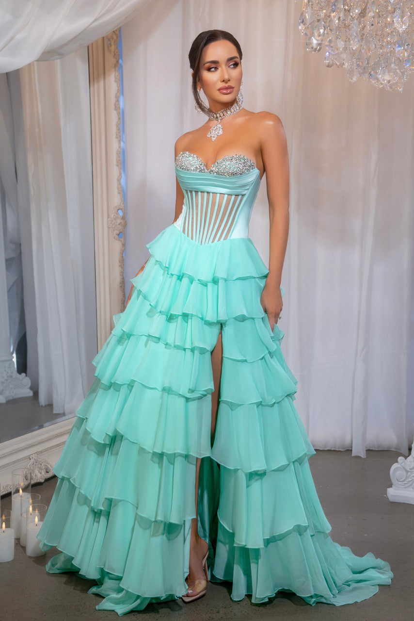 Prom Dresses Prom Long Tiered A Line Slit Formal Dress Mint
