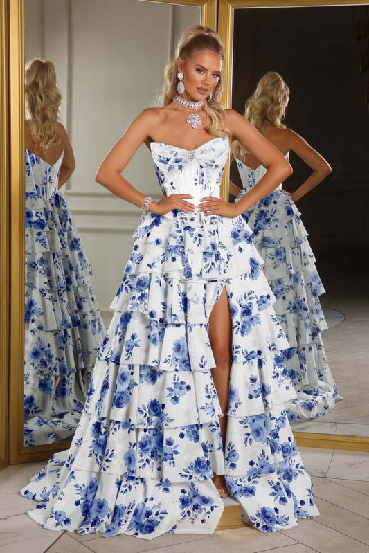 Prom Dresses  Slit Long Formal Ruffle Prom Dress Blue Multi