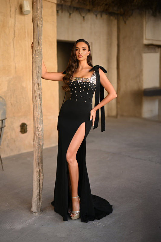 Prom Dresses Long Formal Beaded Prom Slit Dress Black