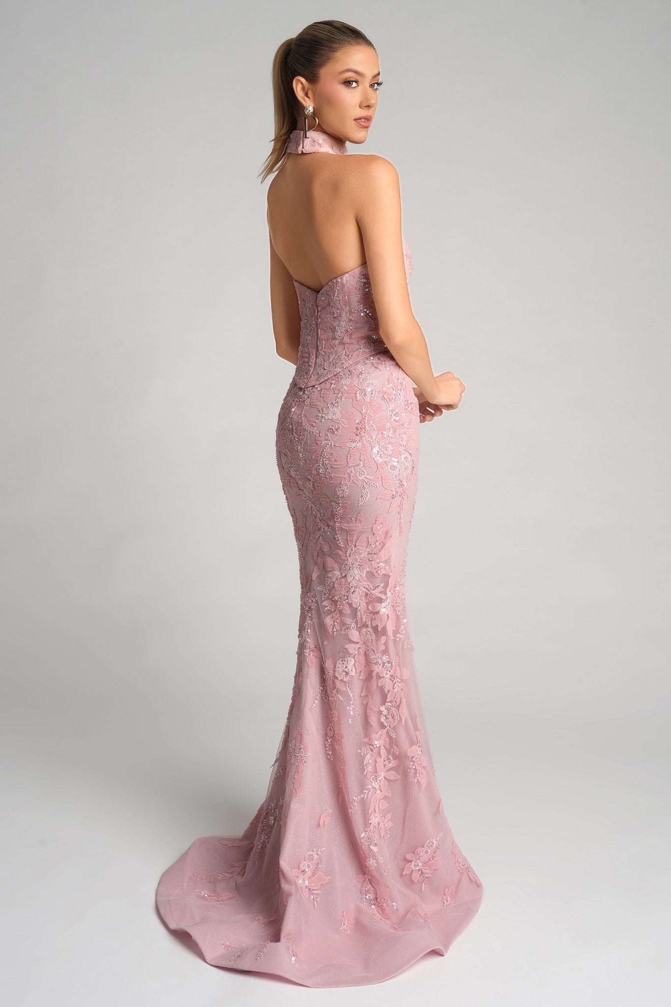 Prom Dresses Long Corset Formal Floral Lace Applique Mermaid Prom Dress Portia and Scarlett PS26005 Pink