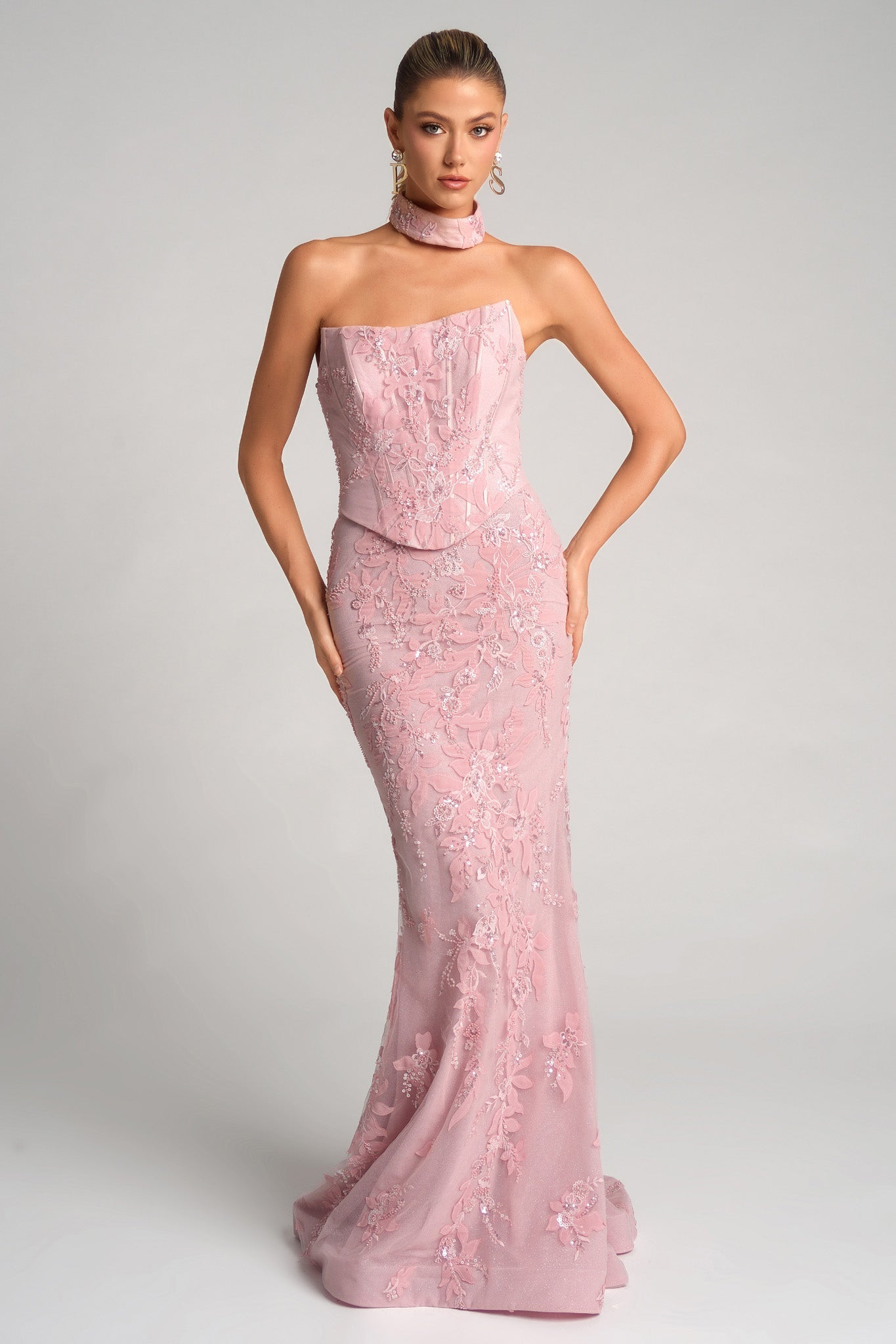 Prom Dresses Long Corset Formal Floral Lace Applique Mermaid Prom Dress Portia and Scarlett PS26005 Pink