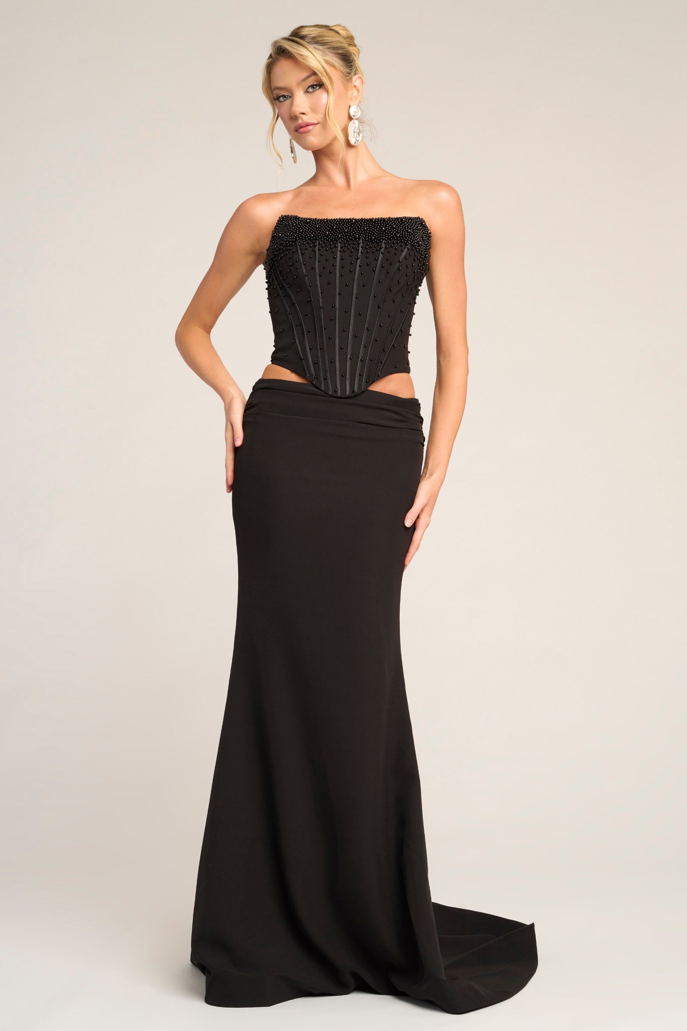 Prom Dresses Long Formal Fitted Beaded Corset Two Piece Prom Dress Portia and Scarlett PS26007 Black