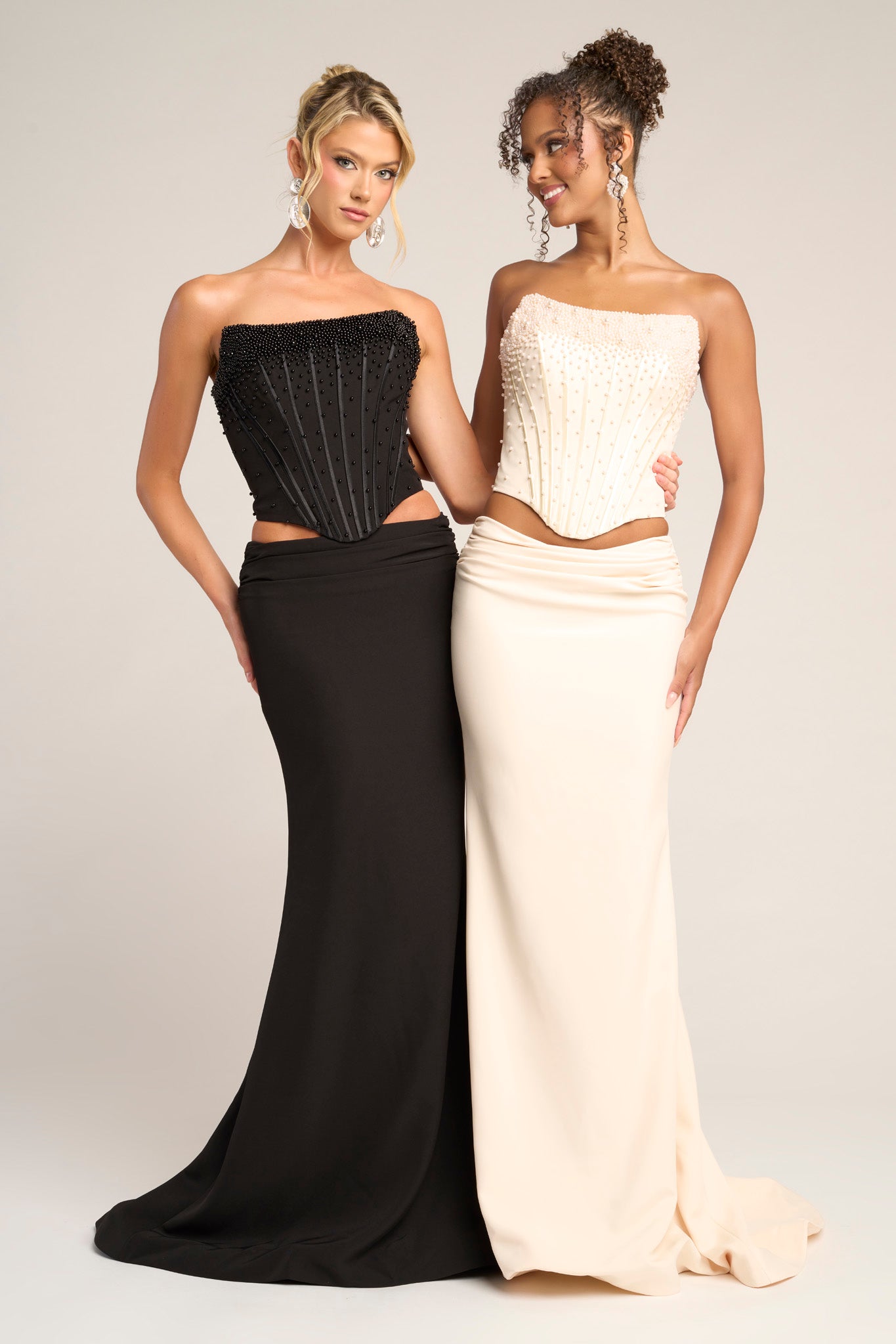 Prom Dresses Long Formal Fitted Beaded Corset Two Piece Prom Dress Portia and Scarlett PS26007 Cream