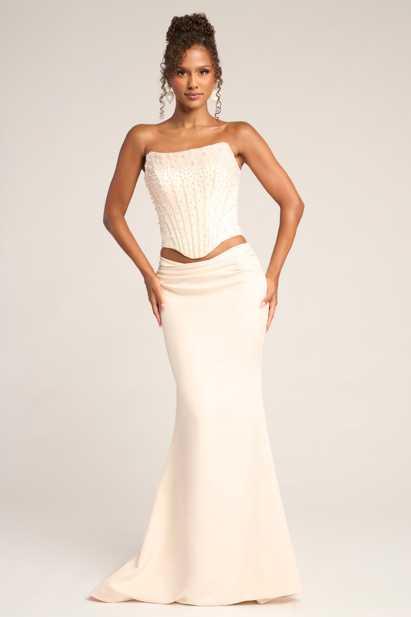 Prom Dresses Long Formal Fitted Beaded Corset Two Piece Prom Dress Portia and Scarlett PS26007 Cream