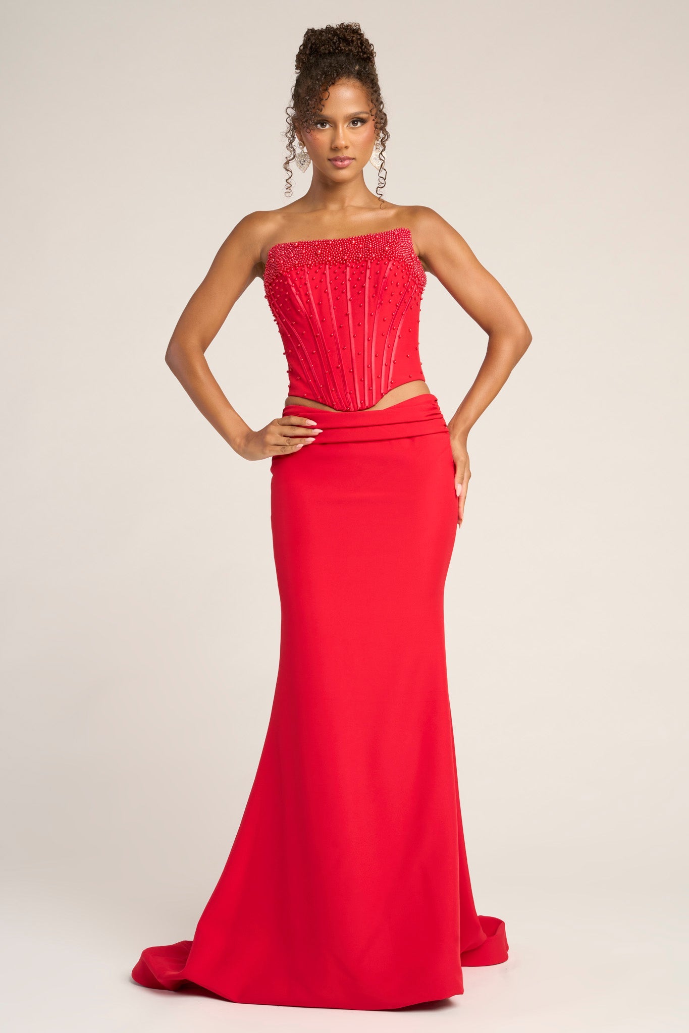 Prom Dresses Long Formal Fitted Beaded Corset Two Piece Prom Dress Portia and Scarlett PS26007 Red