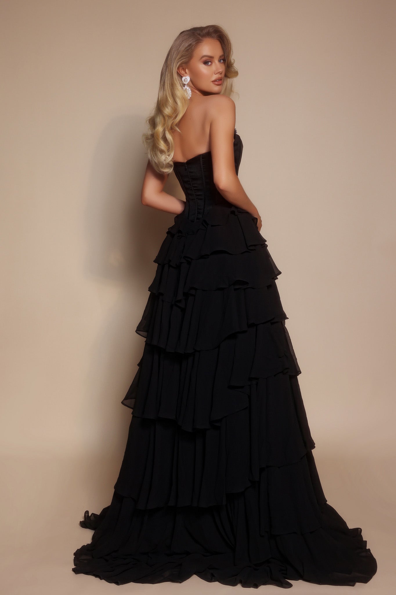 Prom Dresses Long Ruffle Formal Beaded Sequin Corset Ball Gown Prom Dress Portia and Scarlett PS26024 Black