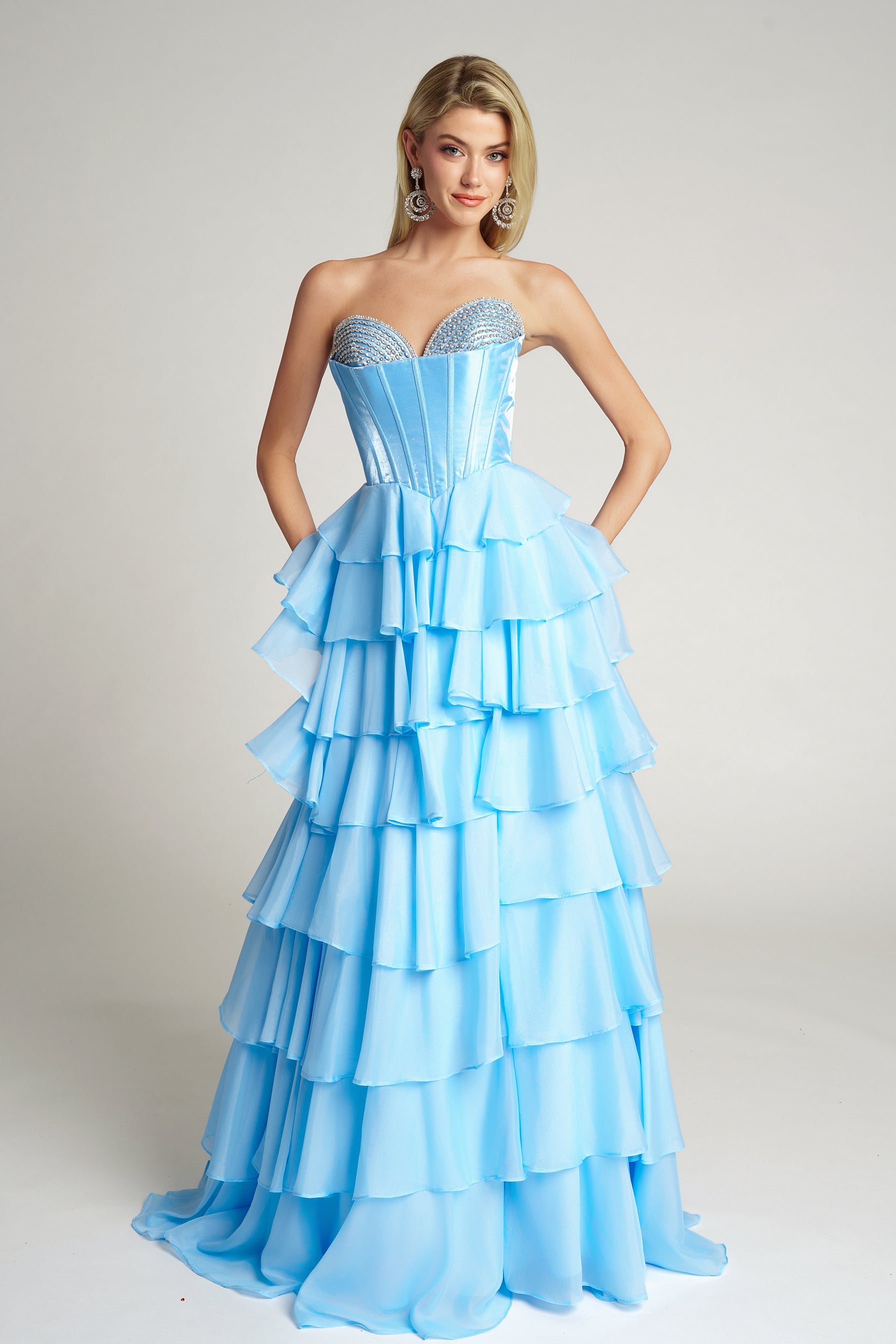Prom Dresses Long Ruffle Formal Beaded Sequin Corset Ball Gown Prom Dress Portia and Scarlett PS26024 Blue