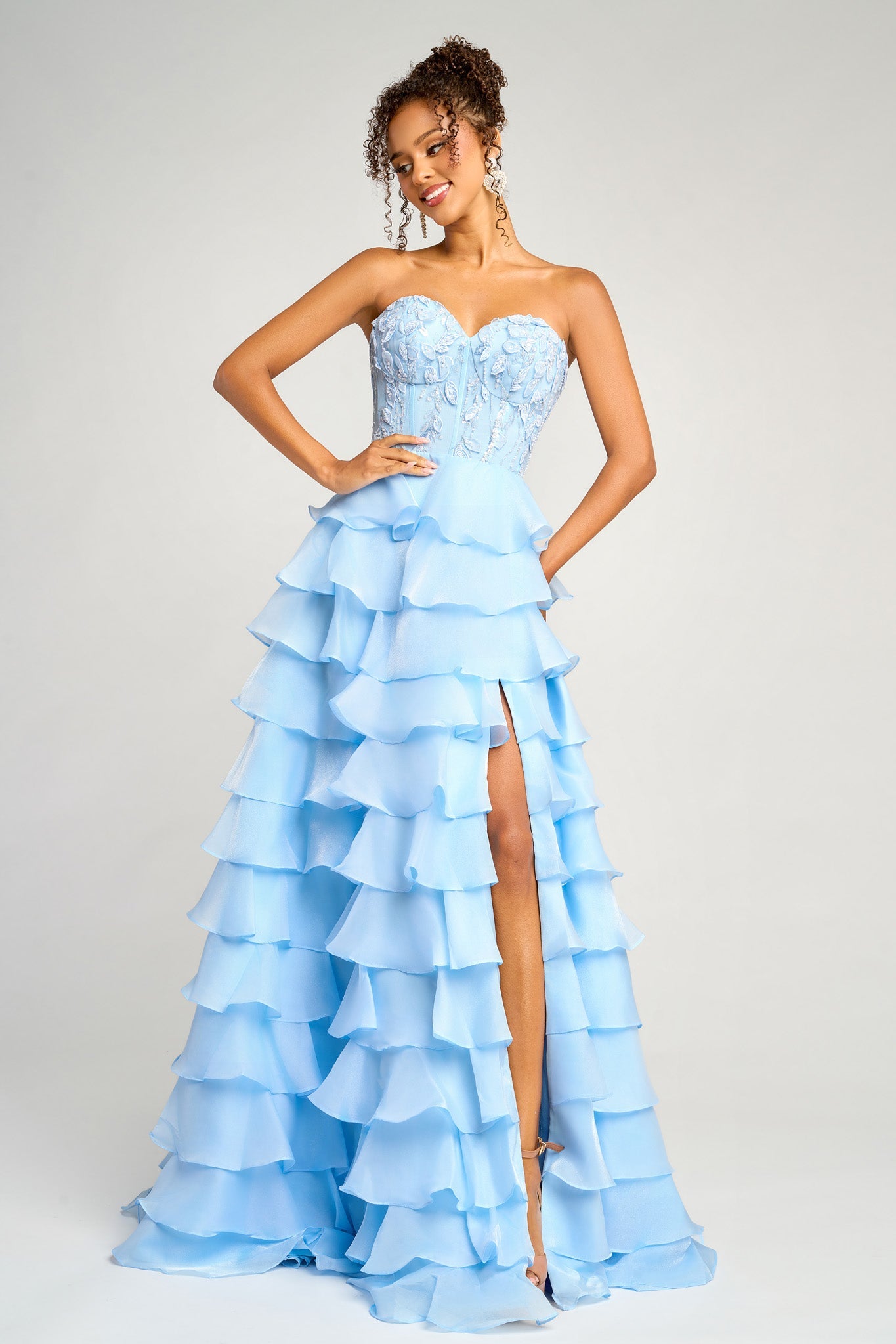Prom Dresses Long Formal Slit Ruffle Corset A Line Prom Dress Portia and Scarlett PS26048 Blue