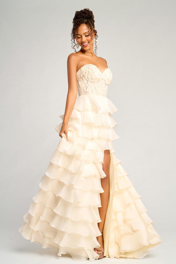 Long Formal Slit Ruffle Corset A Line Prom Dress Portia and Scarlett PS26048