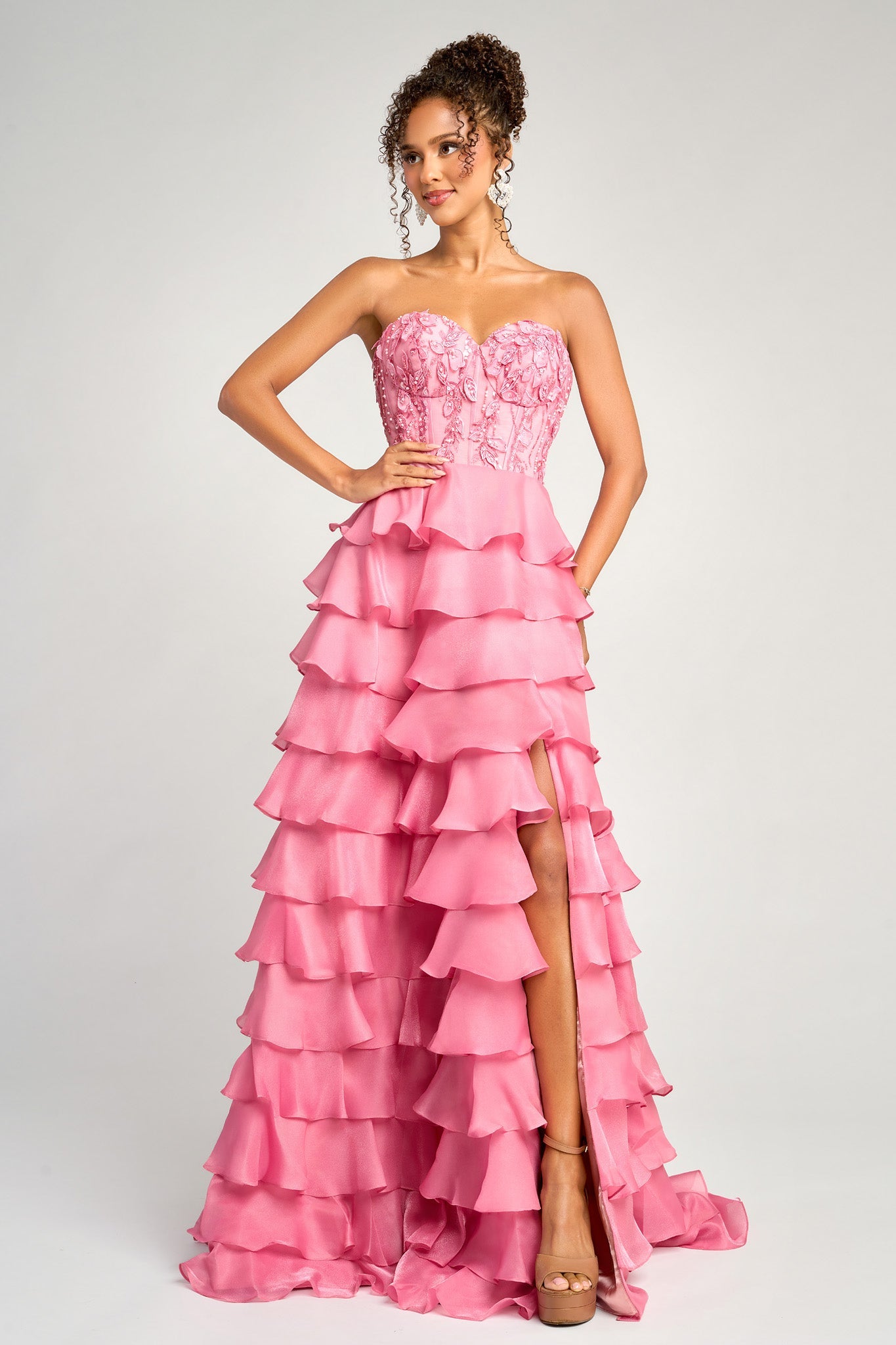 Prom Dresses Long Formal Slit Ruffle Corset A Line Prom Dress Portia and Scarlett PS26048 Pink