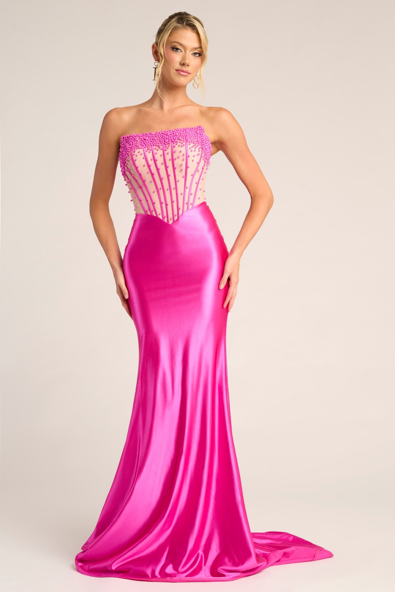 Prom Dresses Fitted Beaded Long Formal Corset Prom Dress Portia and Scarlett PS26094 Fuchsia