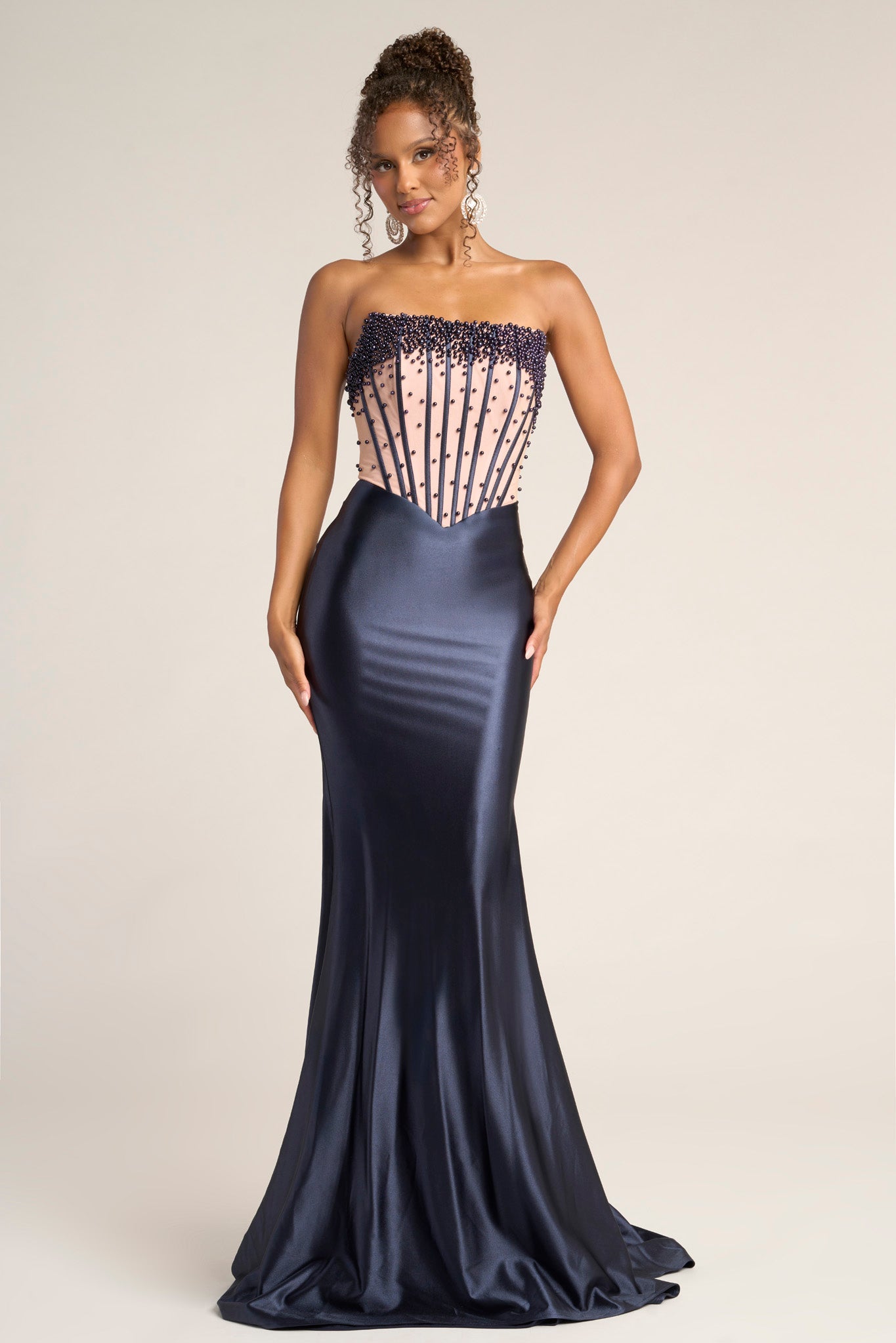 Prom Dresses Fitted Beaded Long Formal Corset Prom Dress Portia and Scarlett PS26094 Navy