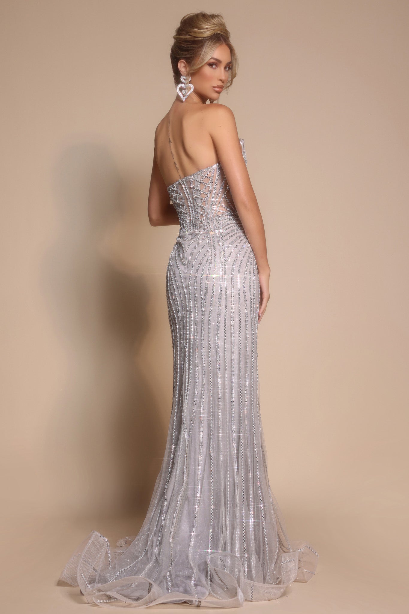 Silver Grey Sweetheart Floor-Length Beaded Formal Gown Linear Pattern Portia & Scarlett PS26156