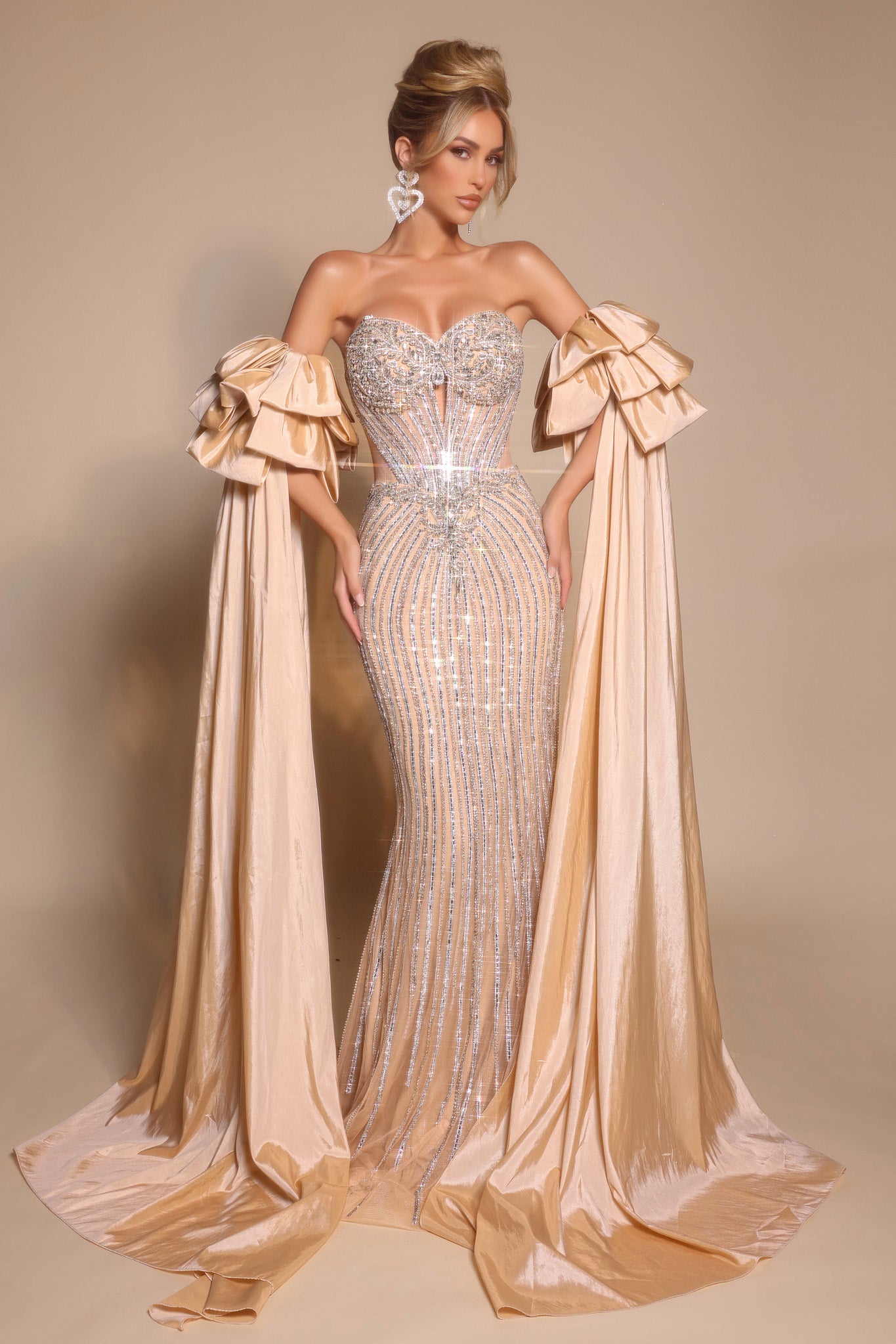 Champagne Sweetheart Floor-Length Beaded Gala Prom Gown Detachable Ruffle Sleeves Portia & Scarlett PS26195SL
