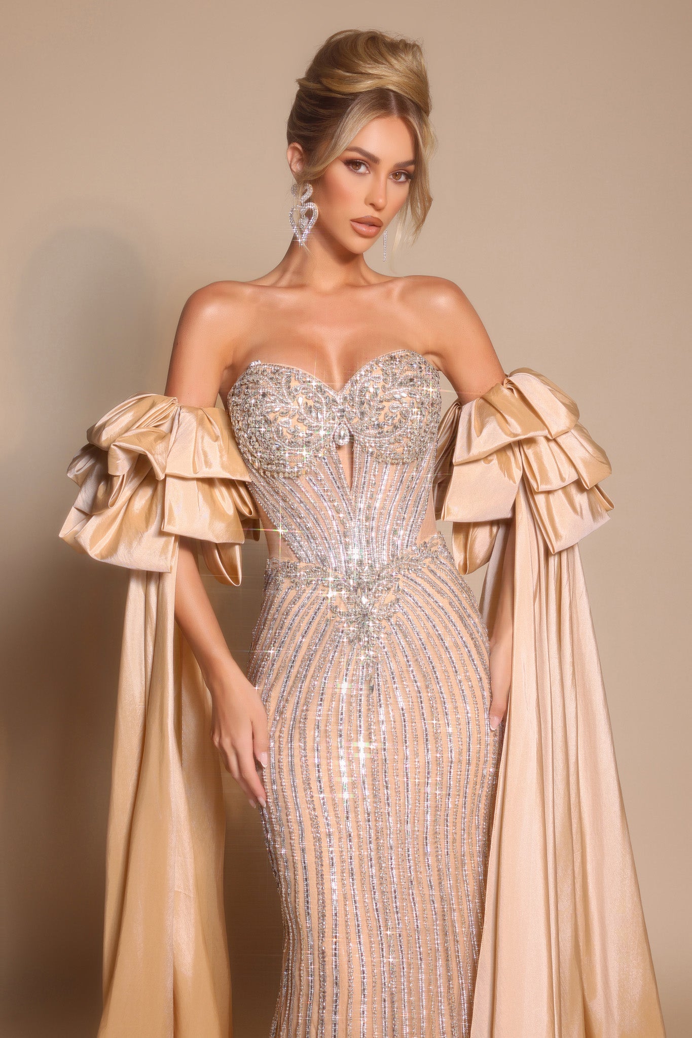 Champagne Sweetheart Floor-Length Beaded Gala Prom Gown Detachable Ruffle Sleeves Portia & Scarlett PS26195SL