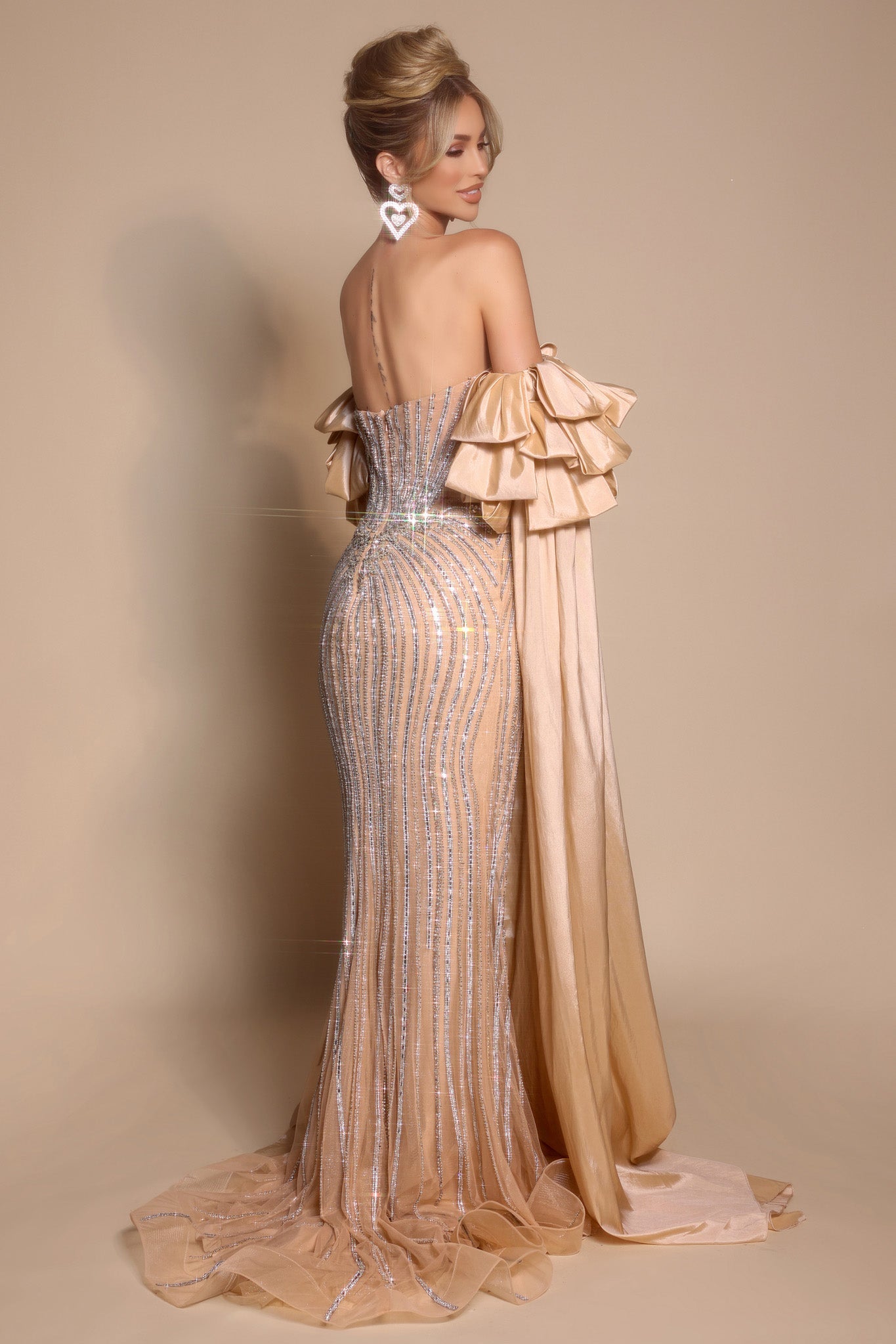 Champagne Sweetheart Floor-Length Beaded Gala Prom Gown Detachable Ruffle Sleeves Portia & Scarlett PS26195SL
