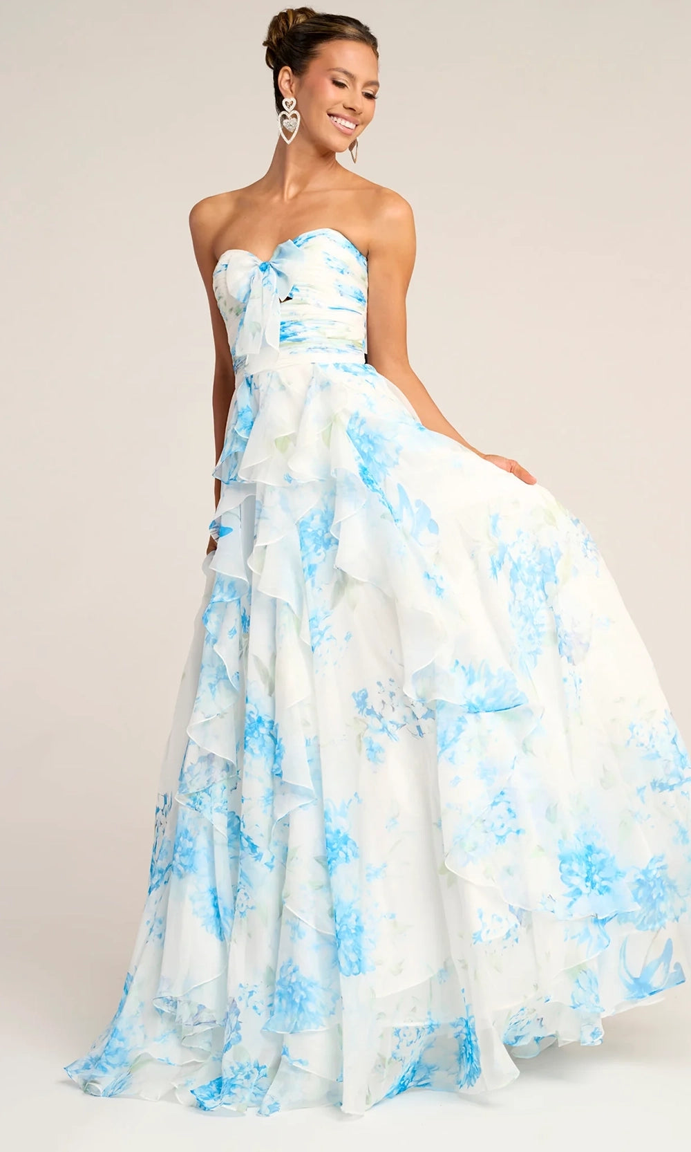 White/Blue Sweetheart Floor-Length Organza Prom Dress Cascading Ruffles Portia & Scarlett PS26254