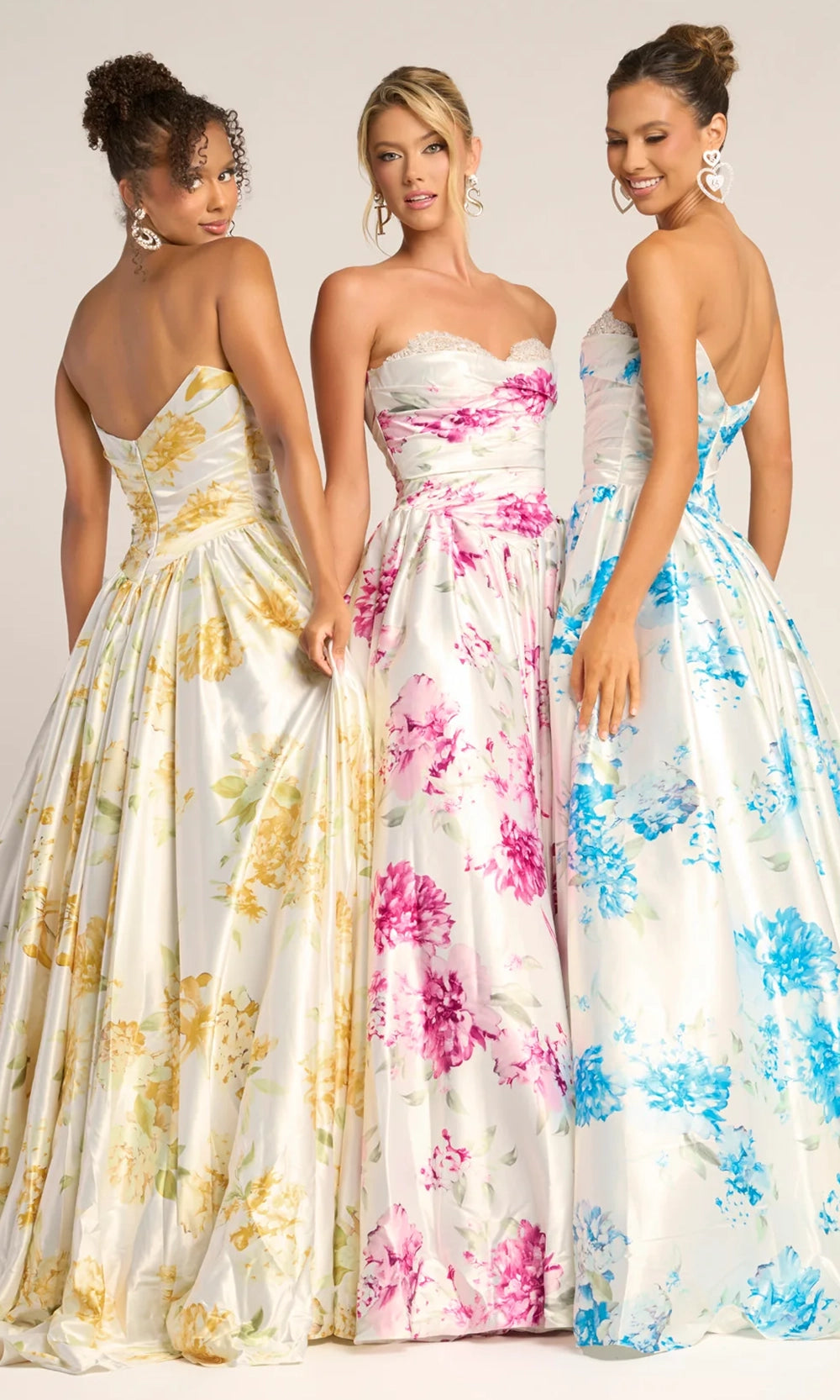 White/Blue Sweetheart Floor-Length Satin Ball Formal Gown Lace Trim and Floral Print Portia & Scarlett PS26298