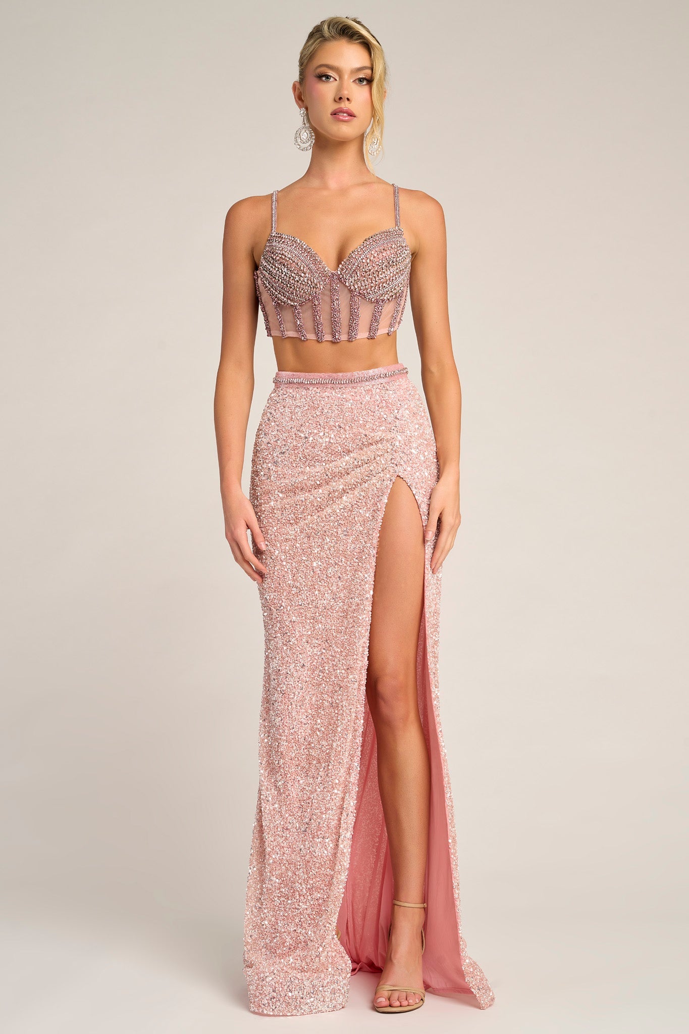 Pink Sweetheart Floor-Length Sequin Prom Two-Piece Gown High Slit Portia & Scarlett PS26429C