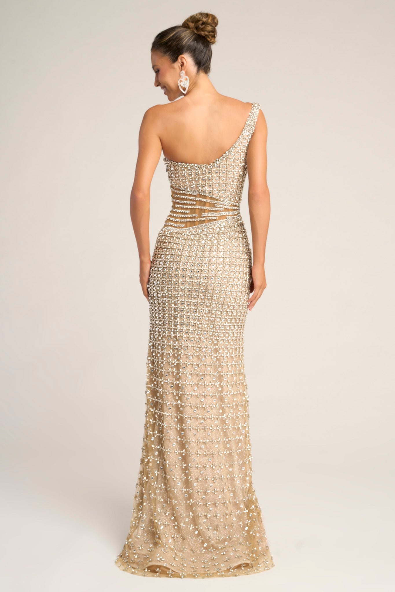 Nude/Silver One-Shoulder Floor-Length Crystal Prom Evening Gown Illusion Cut-Outs Portia & Scarlett PS26434C