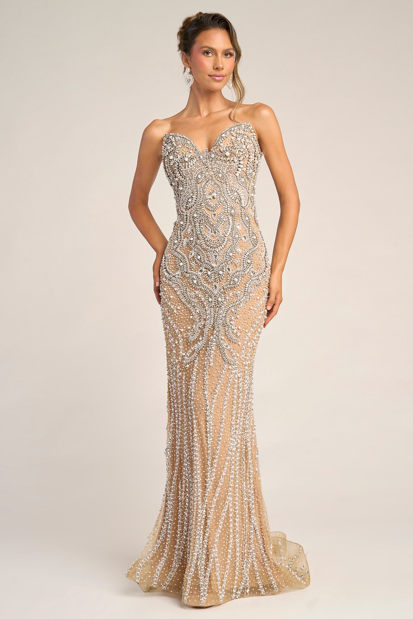 Nude/Silver Sweetheart Floor-Length Crystal Prom Evening Gown Intricate Sculpted Pattern Portia & Scarlett PS26446C