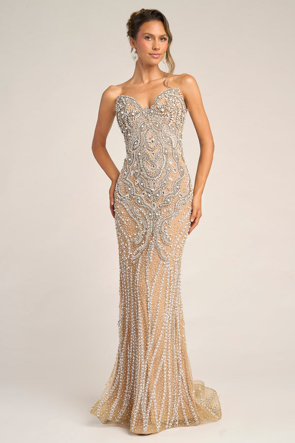 Sweetheart Floor-Length Crystal Prom Evening Gown Intricate Sculpted Pattern Portia & Scarlett PS26446C