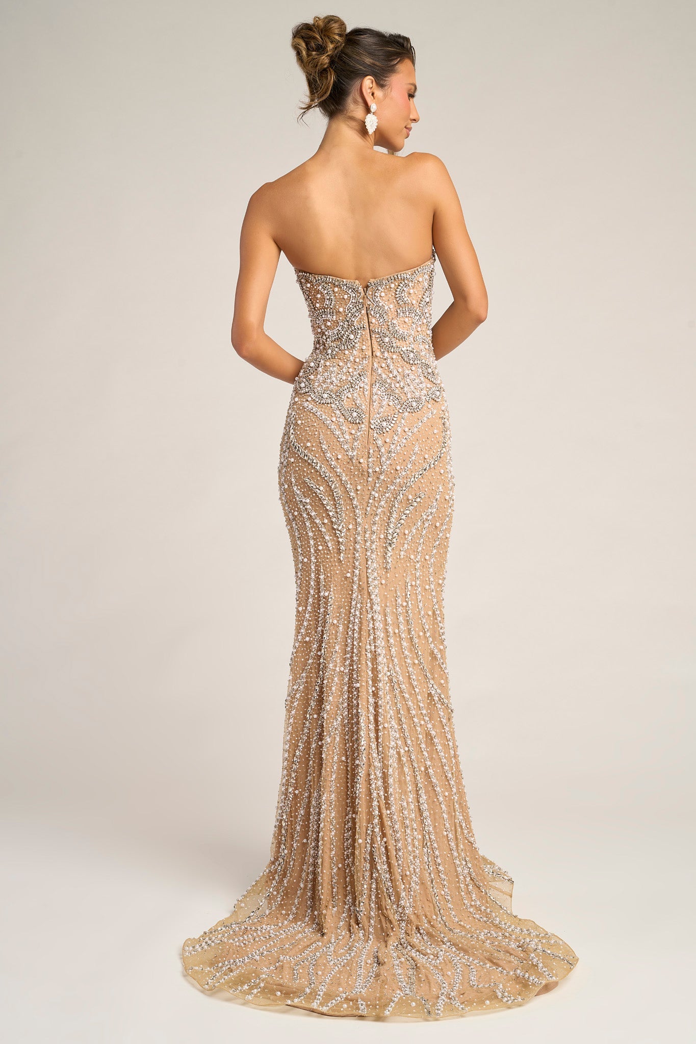 Nude/Silver Sweetheart Floor-Length Crystal Prom Evening Gown Intricate Sculpted Pattern Portia & Scarlett PS26446C