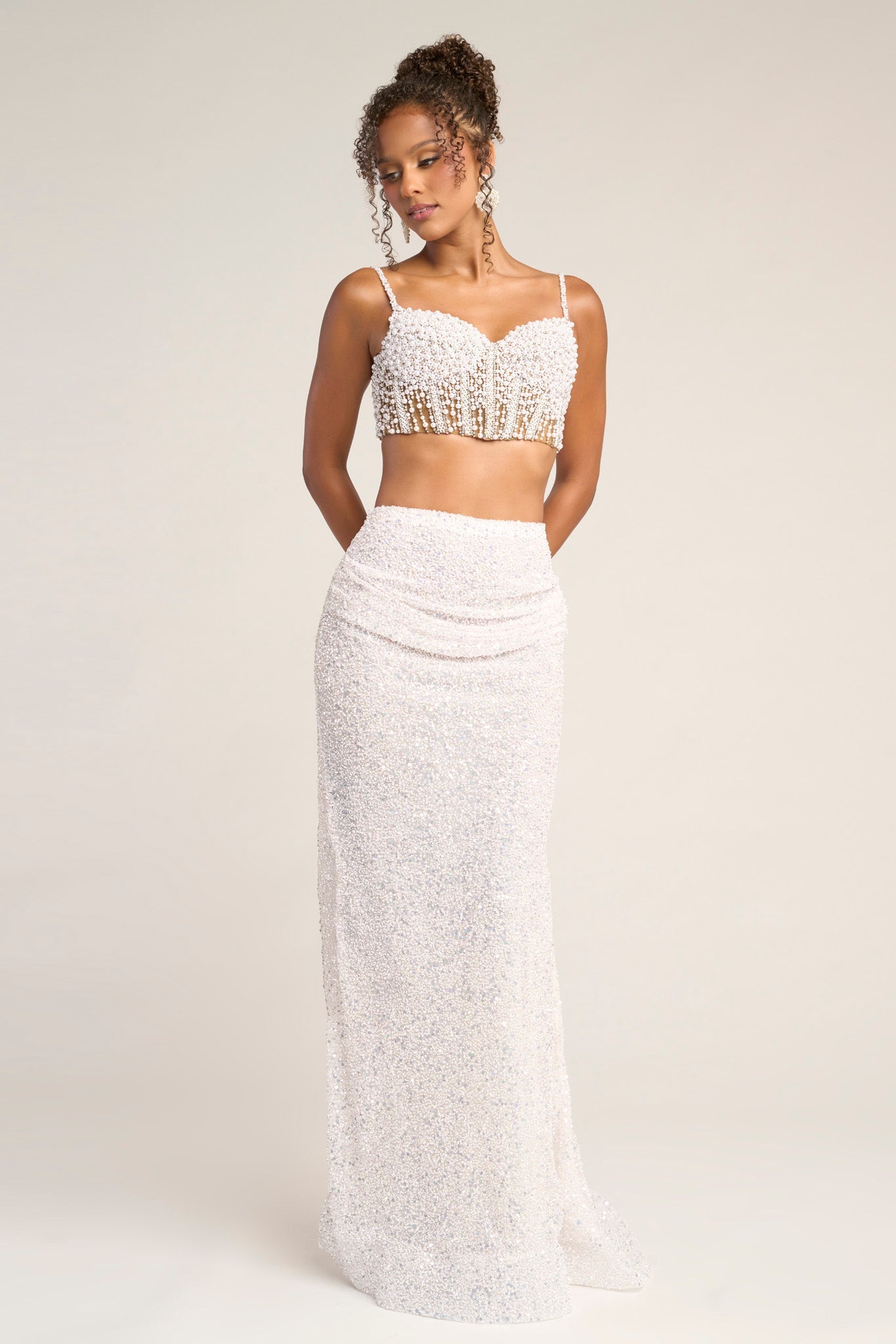 White/Nude Sweetheart Floor-Length Beaded Two-Piece Prom Gown Pearl Embellishments Portia & Scarlett PS26453C